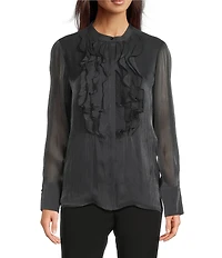KARL LAGERFELD PARIS Organza Collared Long Sleeve Ruffle Front Blouse
