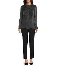 KARL LAGERFELD PARIS Organza Collared Long Sleeve Ruffle Front Blouse