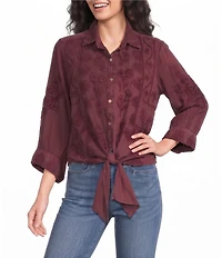 Karyn Seo Alanis Hand Embroidered Geometric Floral Motif Spread Collar 3/4 Sleeve Shirt