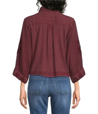 Karyn Seo Alanis Hand Embroidered Geometric Floral Motif Spread Collar 3/4 Sleeve Shirt