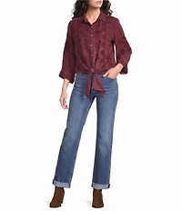 Karyn Seo Alanis Hand Embroidered Geometric Floral Motif Spread Collar 3/4 Sleeve Shirt