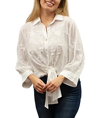Karyn Seo Alanis Hand-Embroidered Spread Collar Long Sleeve Button-Front Self-Tie Blouse