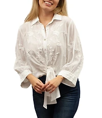 Karyn Seo Alanis Tonal Floral Embroidered Collared 3/4 Wide Sleeve Tie Front Blouse