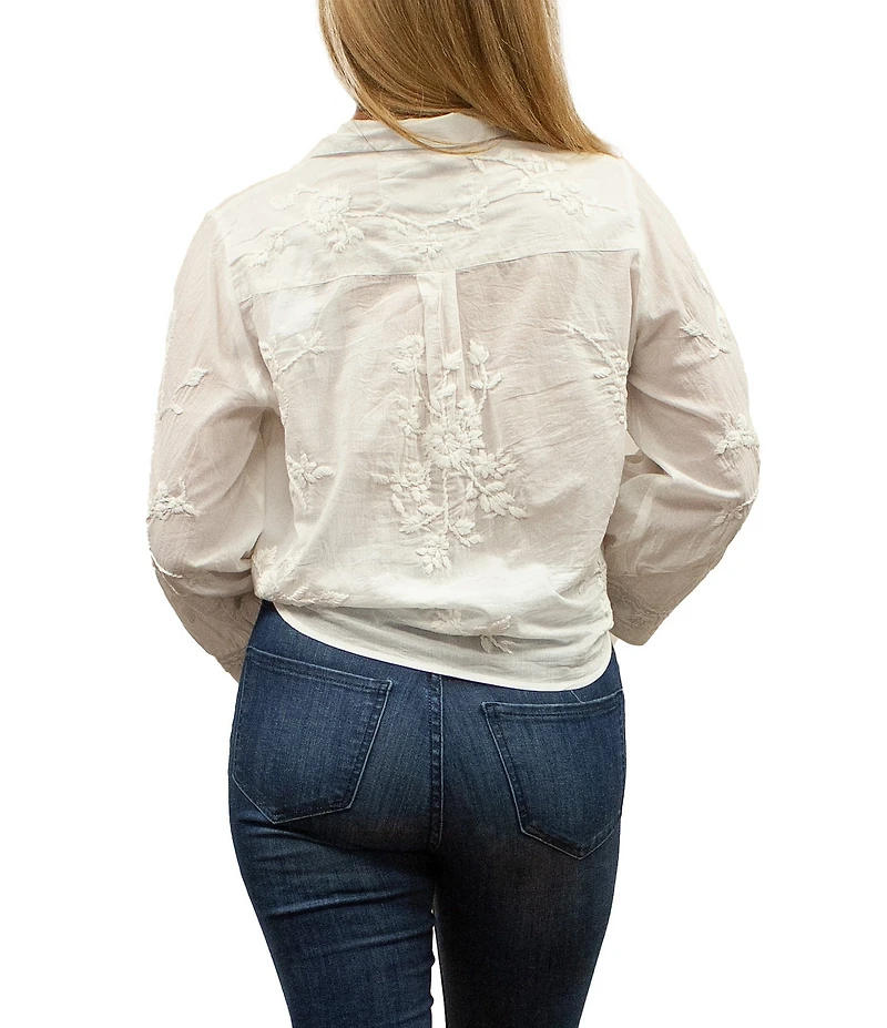 Karyn Seo Alanis Tonal Floral Embroidered Collared 3/4 Wide Sleeve Tie Front Blouse