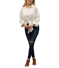 Karyn Seo Alanis Tonal Floral Embroidered Collared 3/4 Wide Sleeve Tie Front Blouse