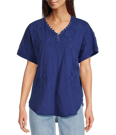 Karyn Seo Alegra Faded Finish Knit Vintage Inspired V-Neck Short Dolman Sleeve Tee