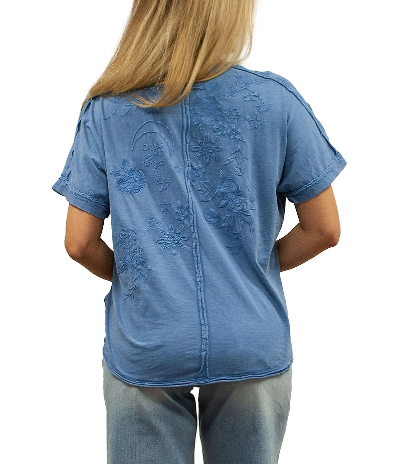 Karyn Seo Alegra Floral Embroidered Button V-Neck Dolman Short Sleeve Tee