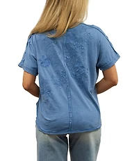 Karyn Seo Alegra Floral Embroidered Button V-Neck Dolman Short Sleeve Tee
