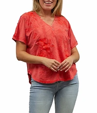 Karyn Seo Alegra Floral Embroidered Button V-Neck Dolman Short Sleeve Tee