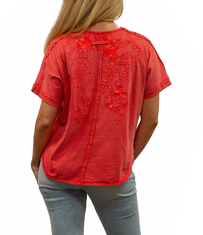 Karyn Seo Alegra Floral Embroidered Button V-Neck Dolman Short Sleeve Tee