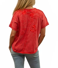 Karyn Seo Alegra Floral Embroidered Button V-Neck Dolman Short Sleeve Tee