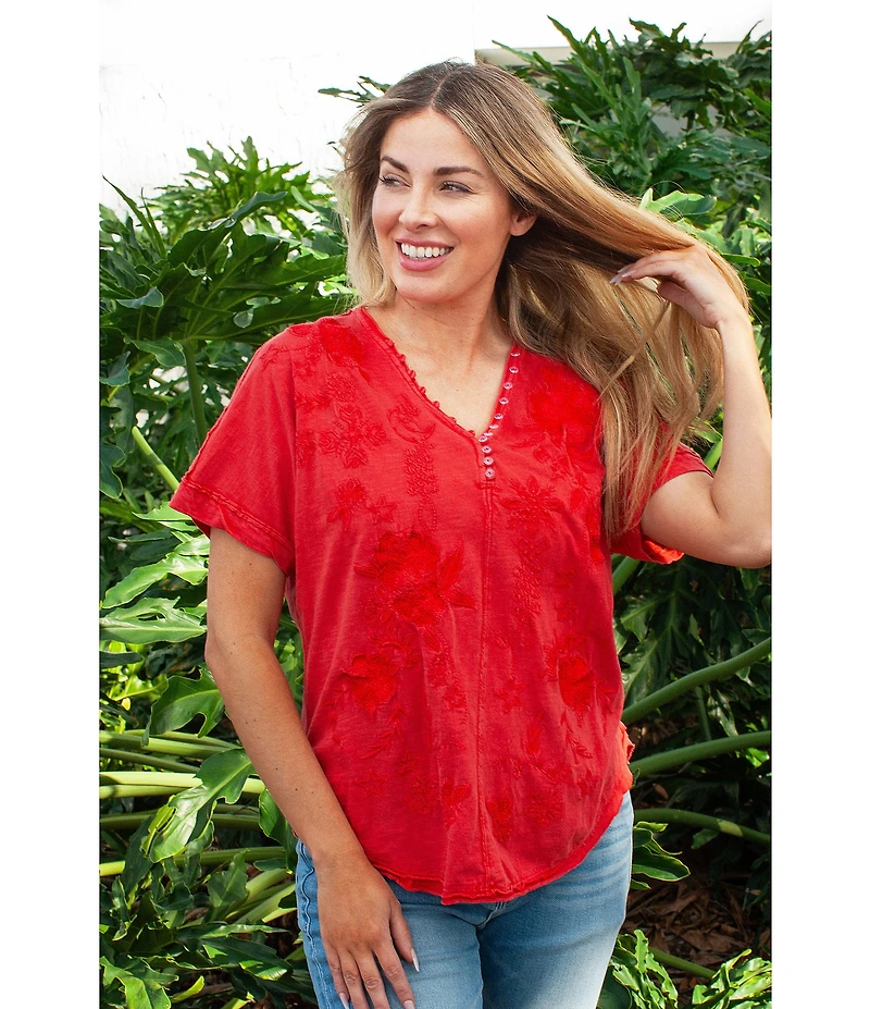 Karyn Seo Alegra Floral Embroidered Button V-Neck Dolman Short Sleeve Tee