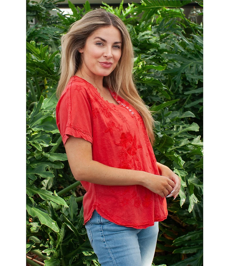 Karyn Seo Alegra Floral Embroidered Button V-Neck Dolman Short Sleeve Tee