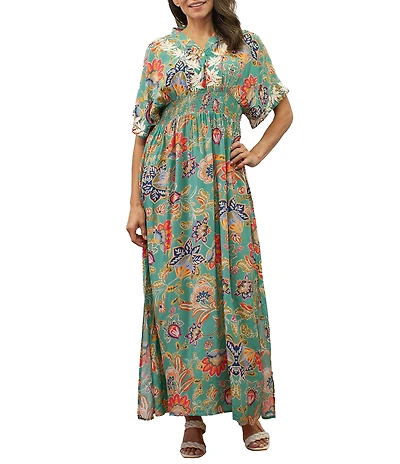 Karyn Seo Ana Boho Floral Embroidered V-Neck Short Sleeve Maxi Dress