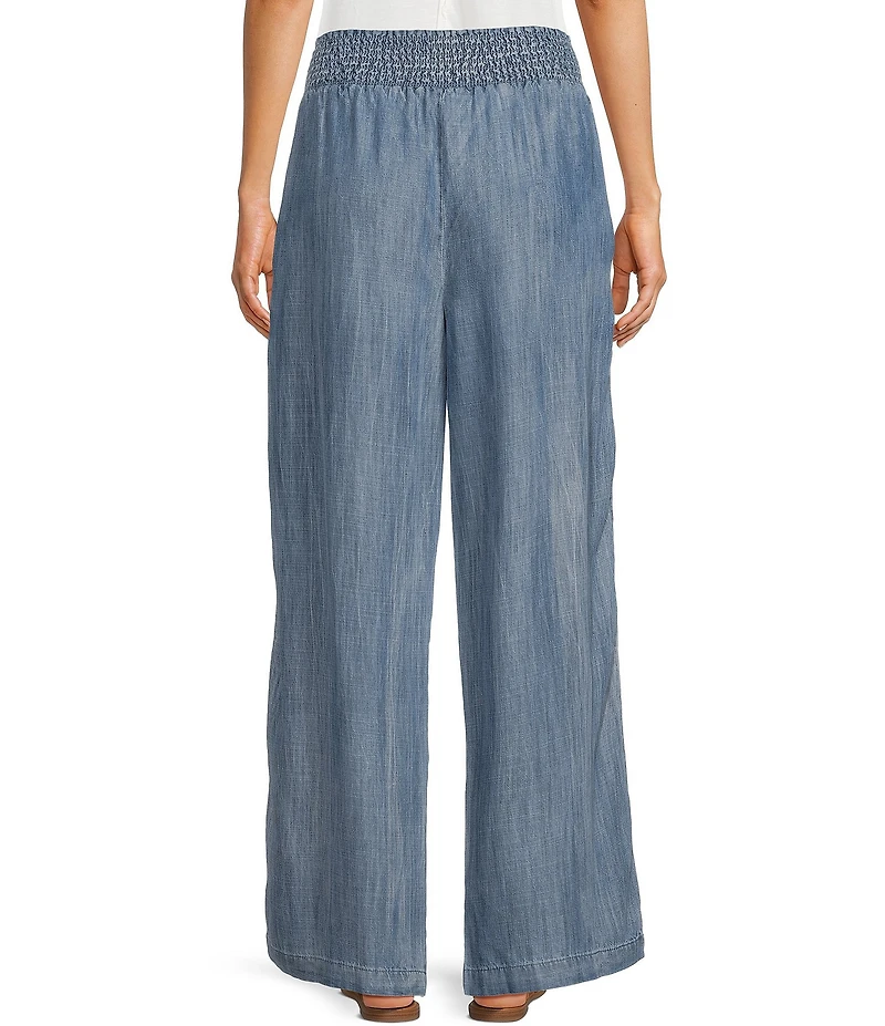 Karyn Seo Anisa Chambray Embroidered Side Seam Smocked Waist Wide Leg Pants