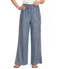 Karyn Seo Anisa Chambray Embroidered Side Seam Smocked Waist Wide Leg Pants