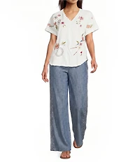 Karyn Seo Anisa Chambray Embroidered Side Seam Smocked Waist Wide Leg Pants