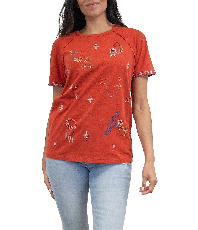 Karyn Seo Ansley Knit Round Neck Short Sleeve Embroidered Tee Shirt