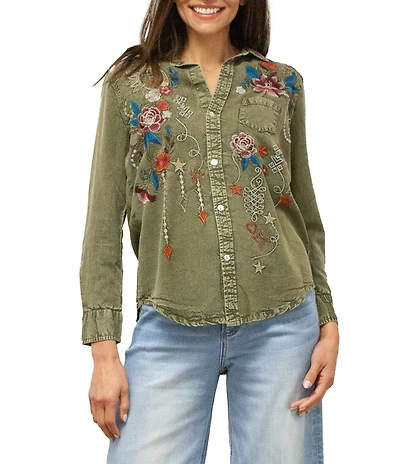 Karyn Seo Athena Chambray Doodle Embroidered Long Sleeve Button Front Shirt
