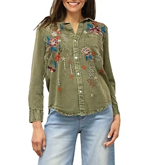 Karyn Seo Athena Chambray Doodle Embroidered Long Sleeve Button Front Shirt