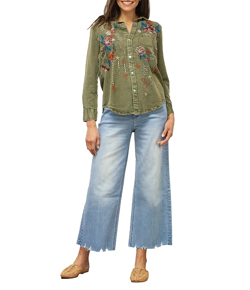Karyn Seo Athena Chambray Doodle Embroidered Long Sleeve Button Front Shirt