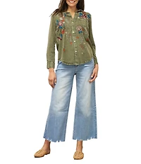 Karyn Seo Athena Chambray Doodle Embroidered Long Sleeve Button Front Shirt