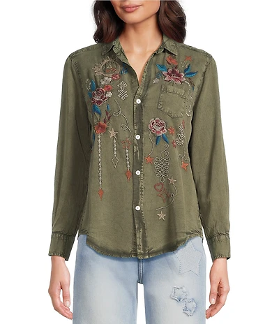 Karyn Seo Athena Chambray Doodle Embroidered Long Sleeve Button Front Shirt