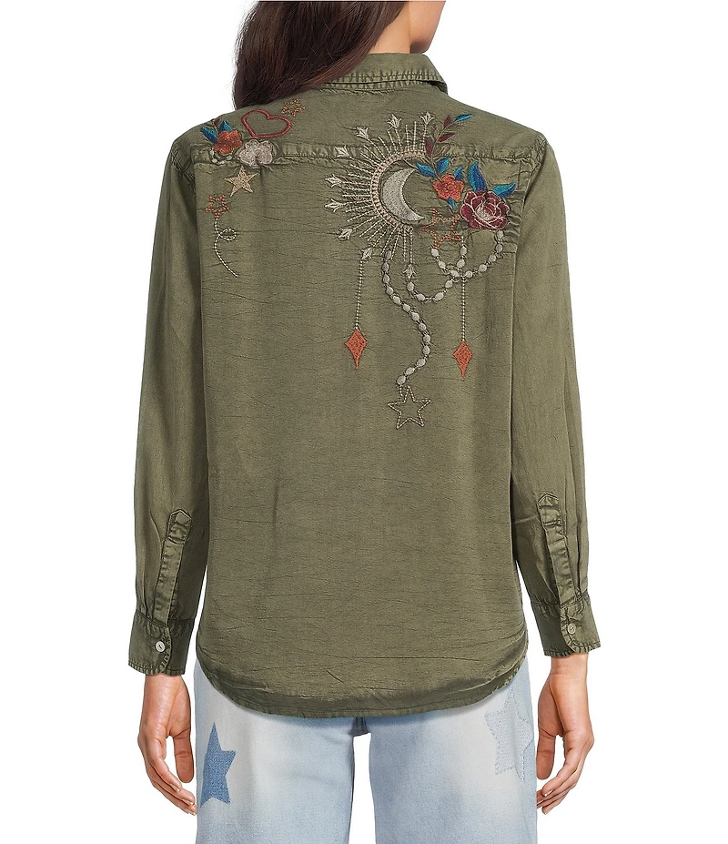 Karyn Seo Athena Chambray Doodle Embroidered Long Sleeve Button Front Shirt