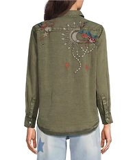 Karyn Seo Athena Chambray Doodle Embroidered Long Sleeve Button Front Shirt