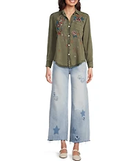 Karyn Seo Athena Chambray Doodle Embroidered Long Sleeve Button Front Shirt