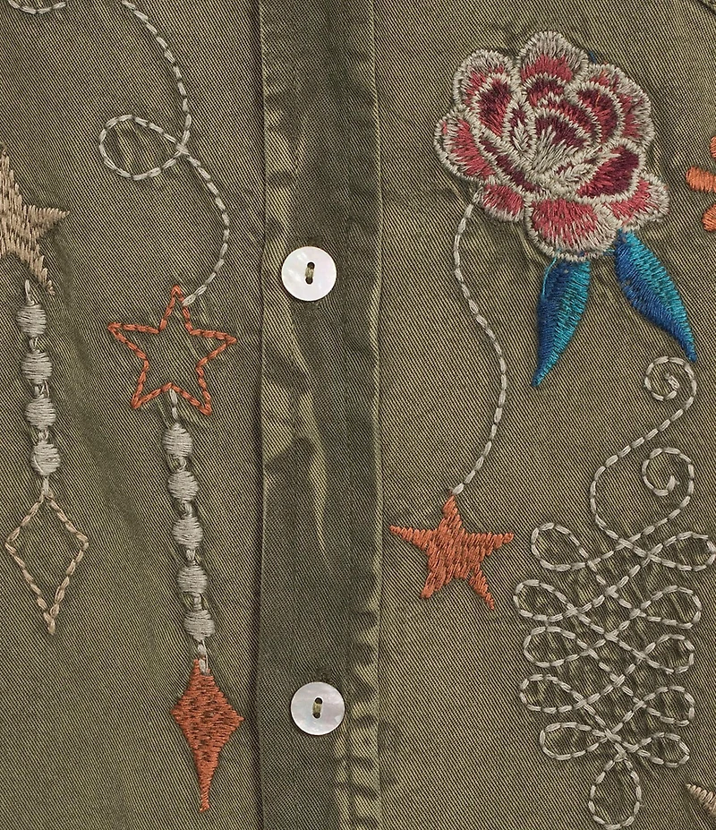 Karyn Seo Athena Chambray Doodle Embroidered Long Sleeve Button Front Shirt