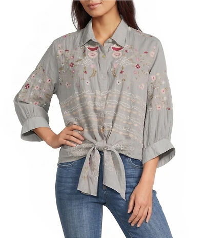 Karyn Seo Casey Vintage Inspired Embroidered Point Collar 3/4 Sleeve Front Button Tie Shirt