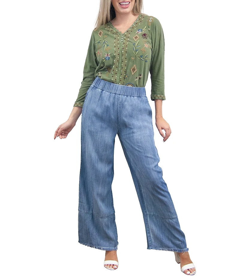 Karyn Seo Coreen Chambray Woven Wide Leg Ankle Length Elastic Waist Pull On Pants
