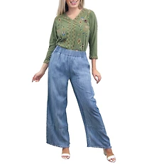 Karyn Seo Coreen Chambray Woven Wide Leg Ankle Length Elastic Waist Pull On Pants