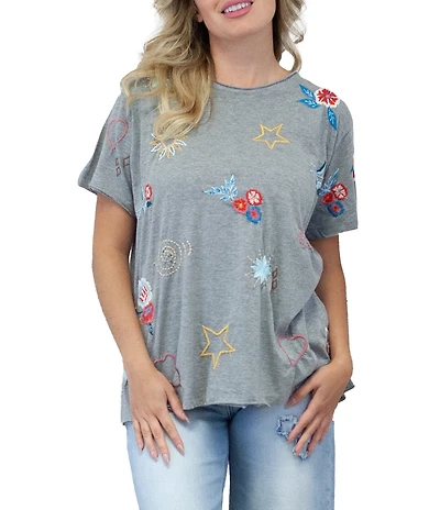 Karyn Seo Doodle Inspired Embroidered Crew Neck Short Sleeve Boxy Tee