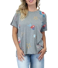 Karyn Seo Doodle Inspired Embroidered Crew Neck Short Sleeve Boxy Tee