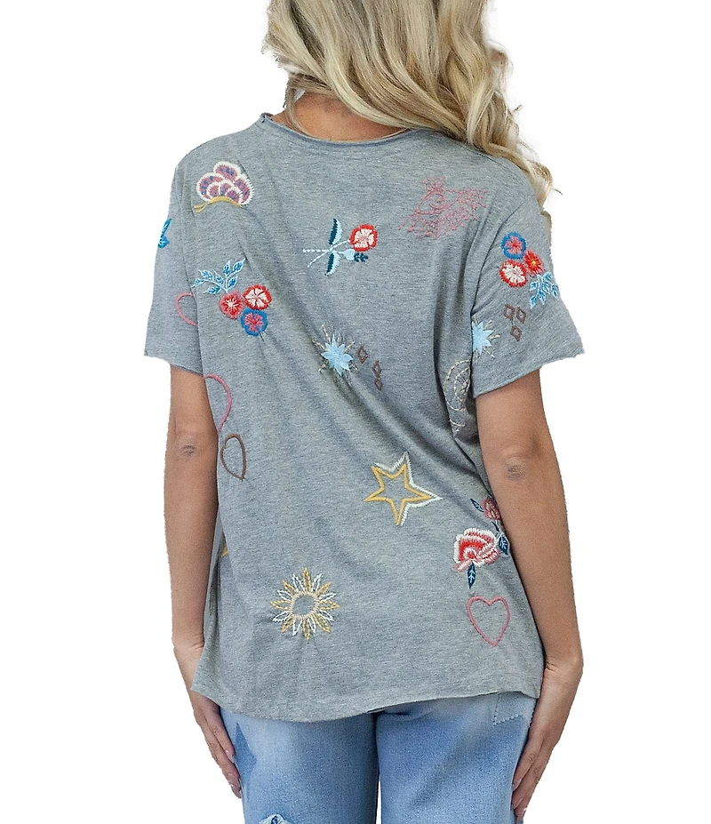 Karyn Seo Doodle Inspired Embroidered Crew Neck Short Sleeve Boxy Tee