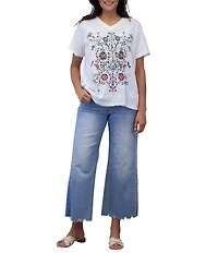 Karyn Seo Echo Embroidered Screen Print V-Neck Short Sleeve Boxy Tee