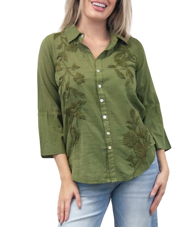 Karyn Seo Elina Woven Faded Finish Spread Collar 3/4 Sleeve Tonal Embroidered Shirt