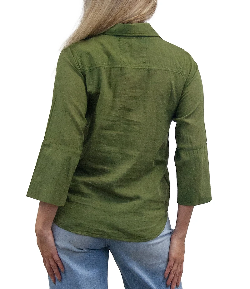 Karyn Seo Elina Woven Faded Finish Spread Collar 3/4 Sleeve Tonal Embroidered Shirt