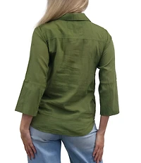 Karyn Seo Elina Woven Faded Finish Spread Collar 3/4 Sleeve Tonal Embroidered Shirt