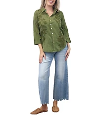 Karyn Seo Elina Woven Faded Finish Spread Collar 3/4 Sleeve Tonal Embroidered Shirt