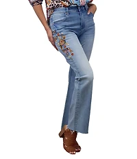 Karyn Seo Embroidered Floral Raw Hem Straight Leg Jeans