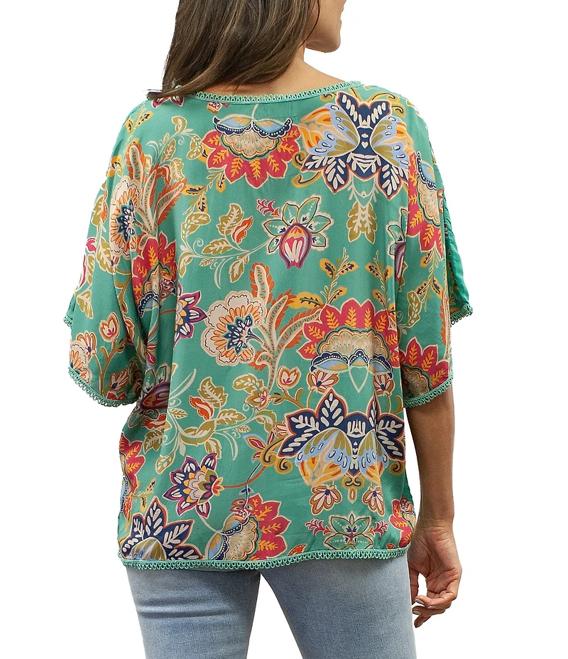 Karyn Seo Embroidered V-Neck Short Sleeve Printed Back Blouse