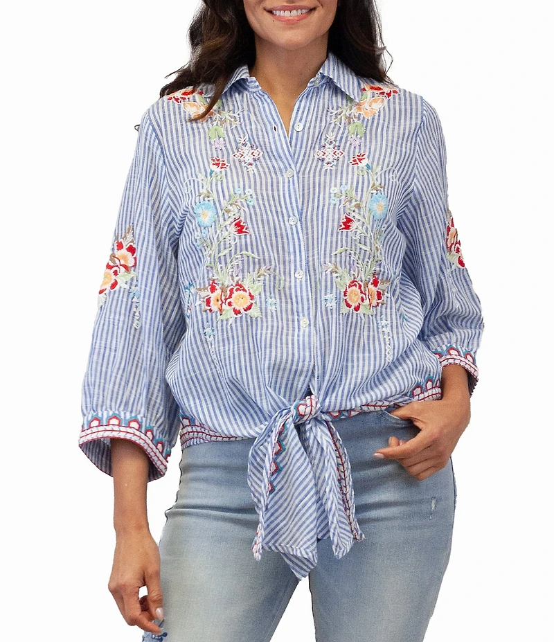 Karyn Seo Enola Woven Blue Stripe Floral Embroidered Point Collar 3/4 Sleeve Button Tie Front Shirt