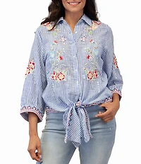 Karyn Seo Enola Woven Blue Stripe Floral Embroidered Point Collar 3/4 Sleeve Button Tie Front Shirt