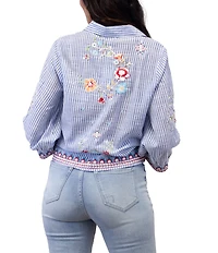 Karyn Seo Enola Woven Blue Stripe Floral Embroidered Point Collar 3/4 Sleeve Button Tie Front Shirt