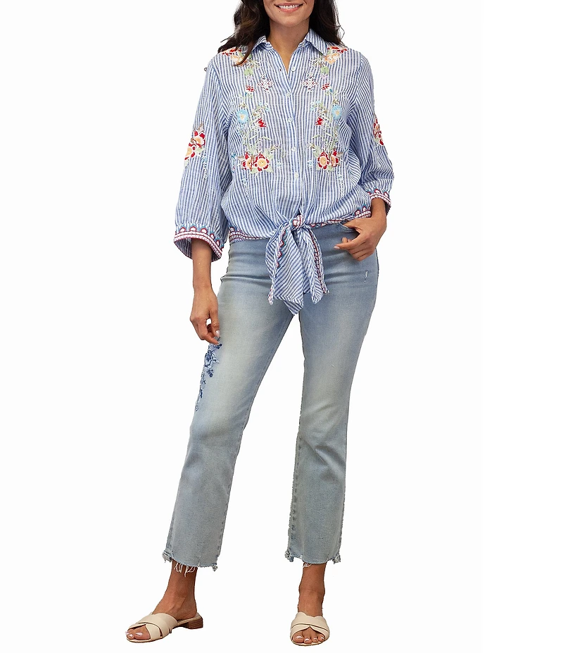 Karyn Seo Enola Woven Blue Stripe Floral Embroidered Point Collar 3/4 Sleeve Button Tie Front Shirt