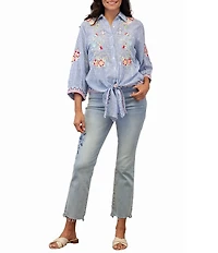 Karyn Seo Enola Woven Blue Stripe Floral Embroidered Point Collar 3/4 Sleeve Button Tie Front Shirt