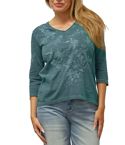 Karyn Seo Enya Tonal Floral Embroidered V-Neck 3/4 Sleeve Top
